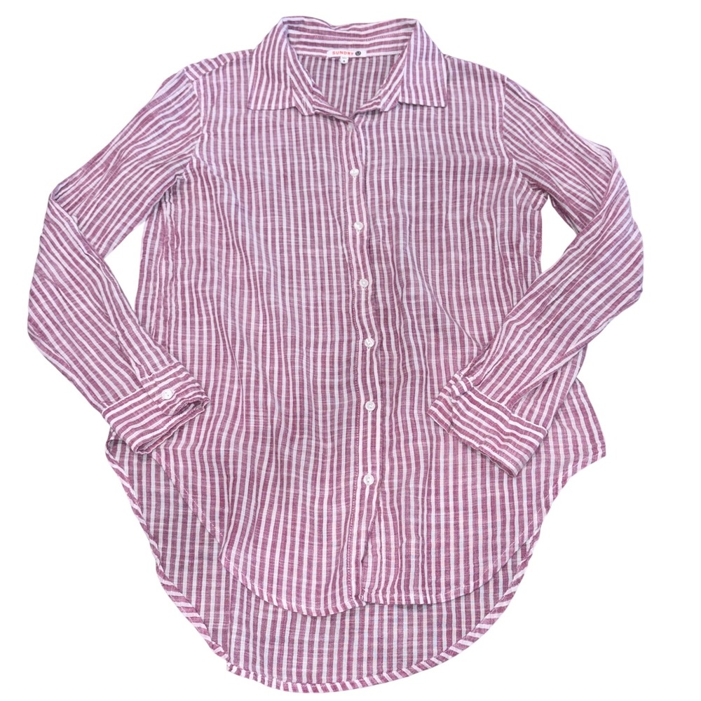 Striped Coastal Button Down High Low Hem Womens Size 0 Berry red White Sundry